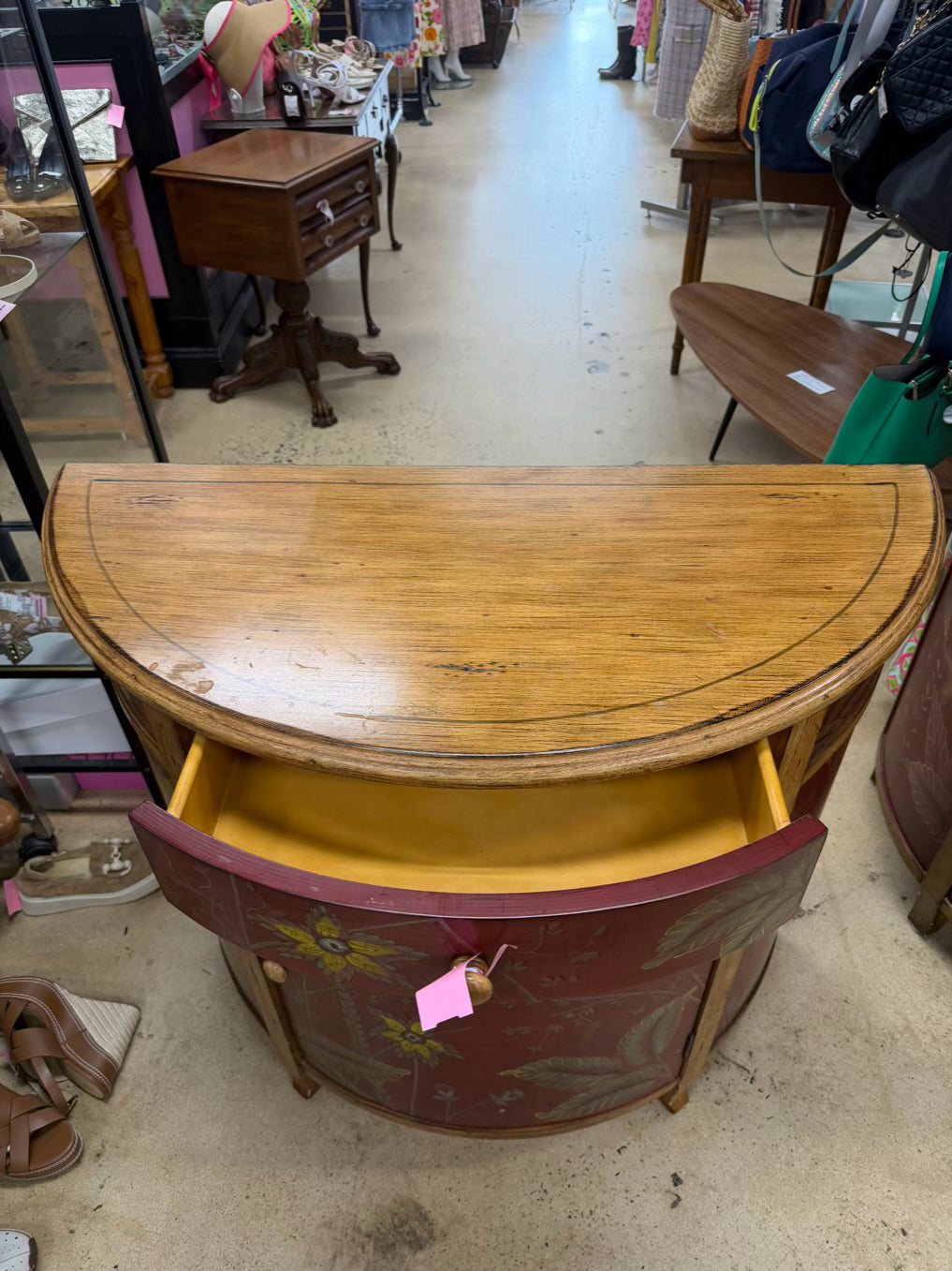 Red & Gold Demilune Birds Cabinet w/ Drawer