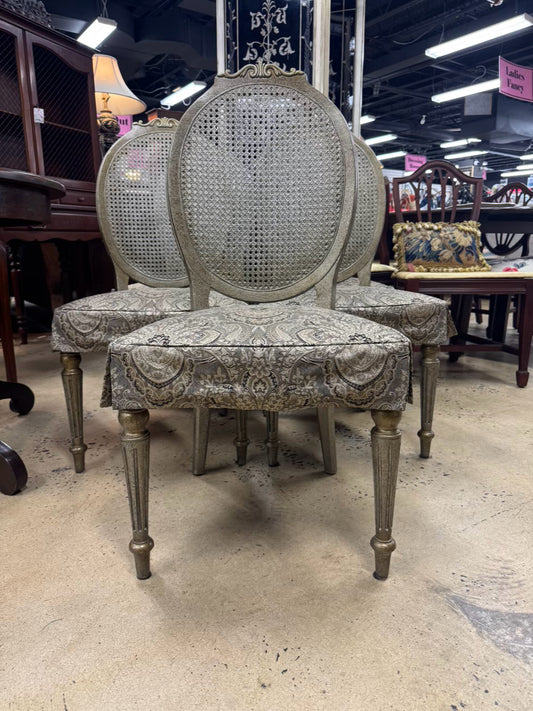 Gray Gold Wash Cane & Wood French Upholstered Set of 5 Side Chairs