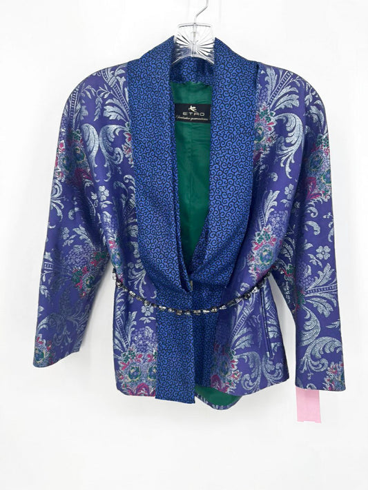 ETRO Size 44 Violet & Blue Print Metallic Jacket w/ Belt