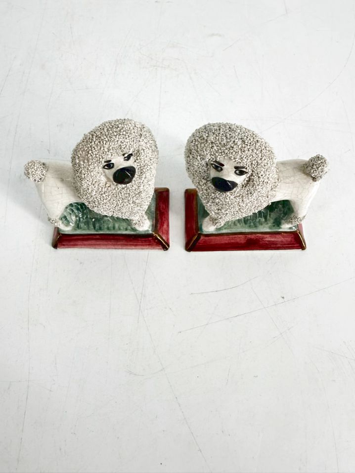 STAFFORDSHIRE White & Green Ceramic Confetti Poodle Pair Of Figurines