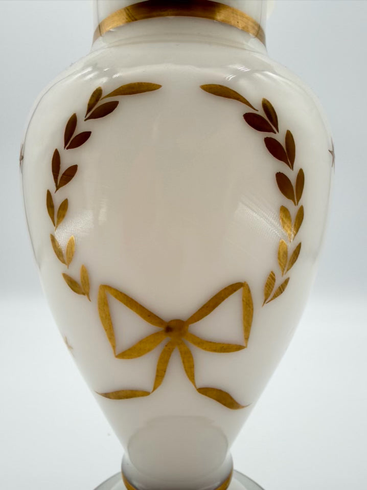 VINTAGE White Opaline Pair Of Vases w/ Ruffled Top & Gold Trim