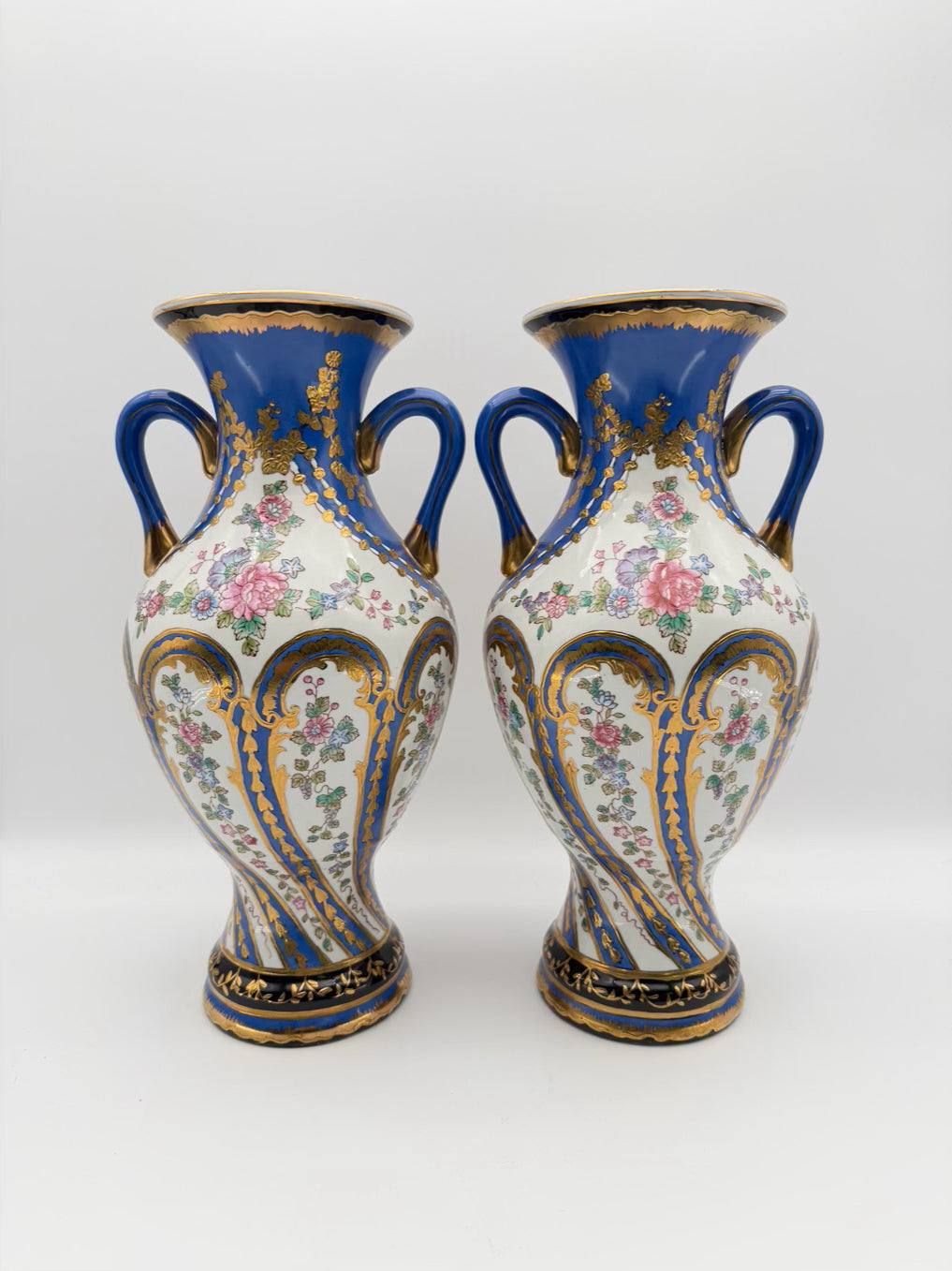 Blue, White, Pink & Green Amphora Floral Porcelain Pair Of Vases w/ Handles