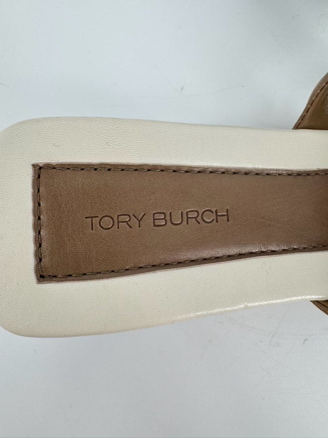 TORY BURCH Size 8.5 Brown & Cream Leather Logo Kitten Heels