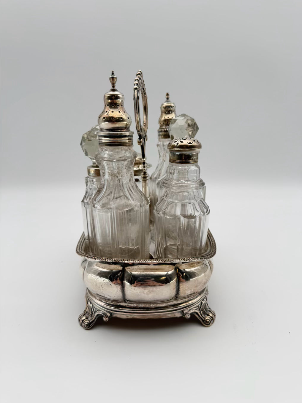 VINTAGE Silver Plate & Glass Cruet & Dispenser 7 Piece Set w/ Holder