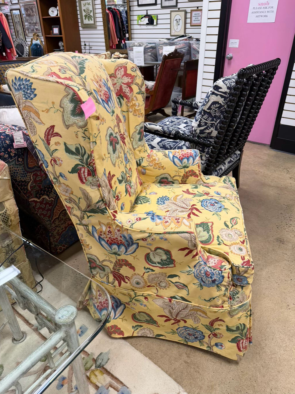 VINTAGE Yellow, Blue, Red & Green Floral Slip Covered Wingback Chair