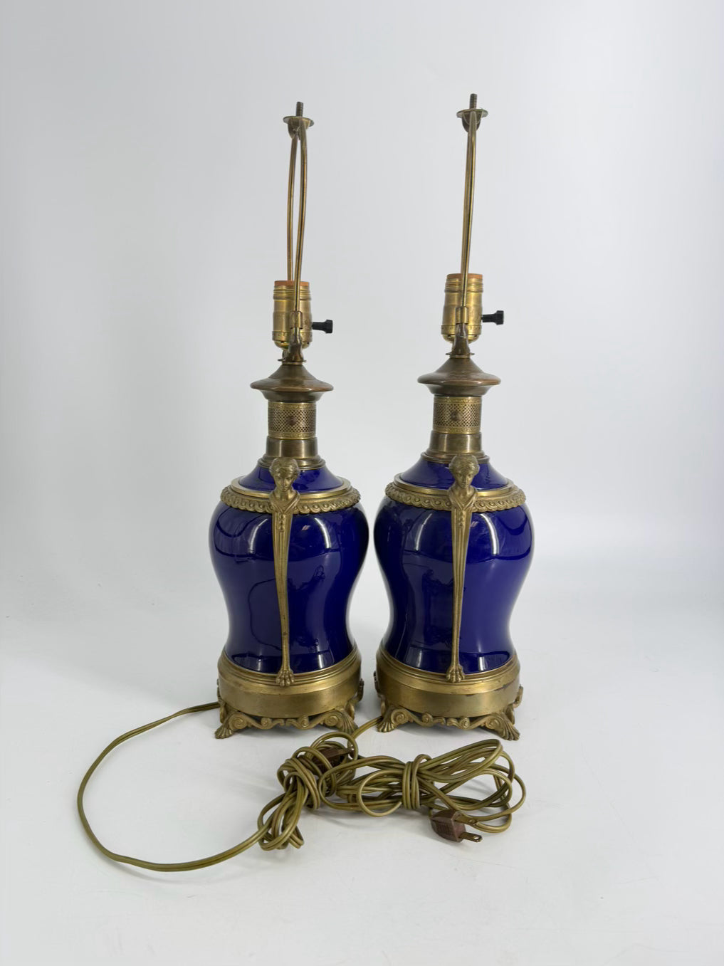 Neo Classical Cobalt Porcelain & Brass Pair Of Lamps