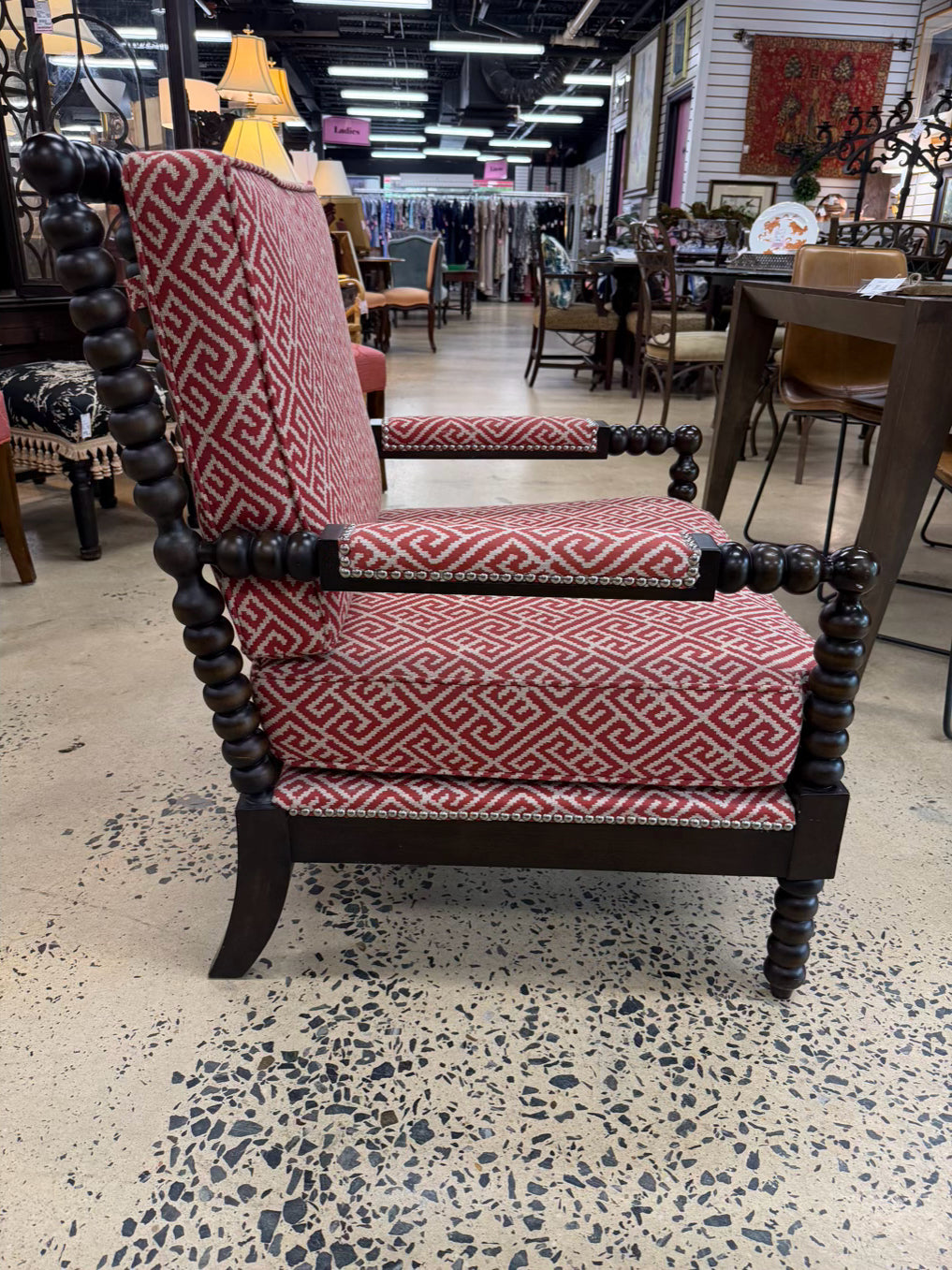 Wood Spindle Pair Of Chairs w/ Rust & White Fabric