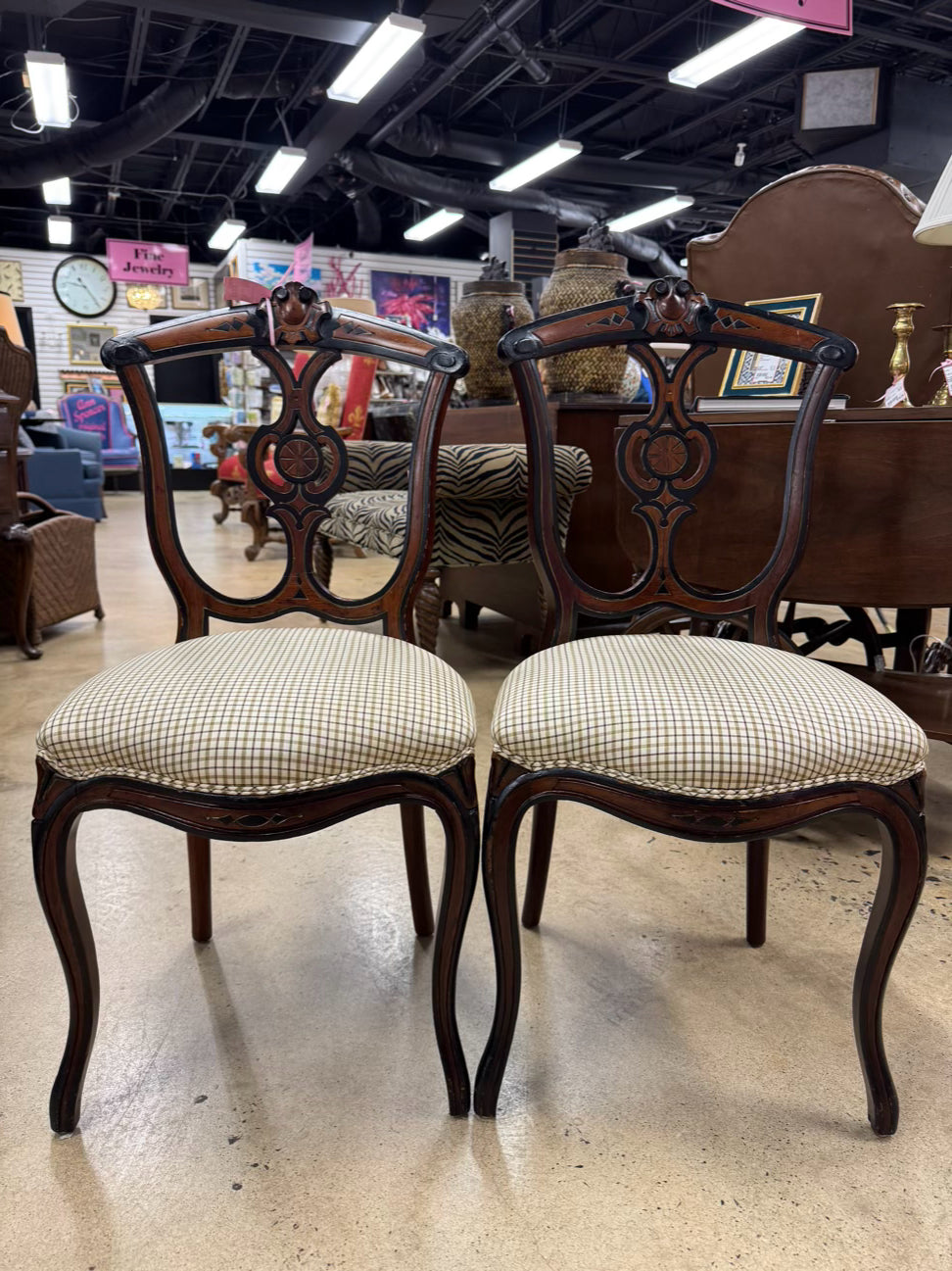 Carved Wood Victorian Pair of Small Side Chairs