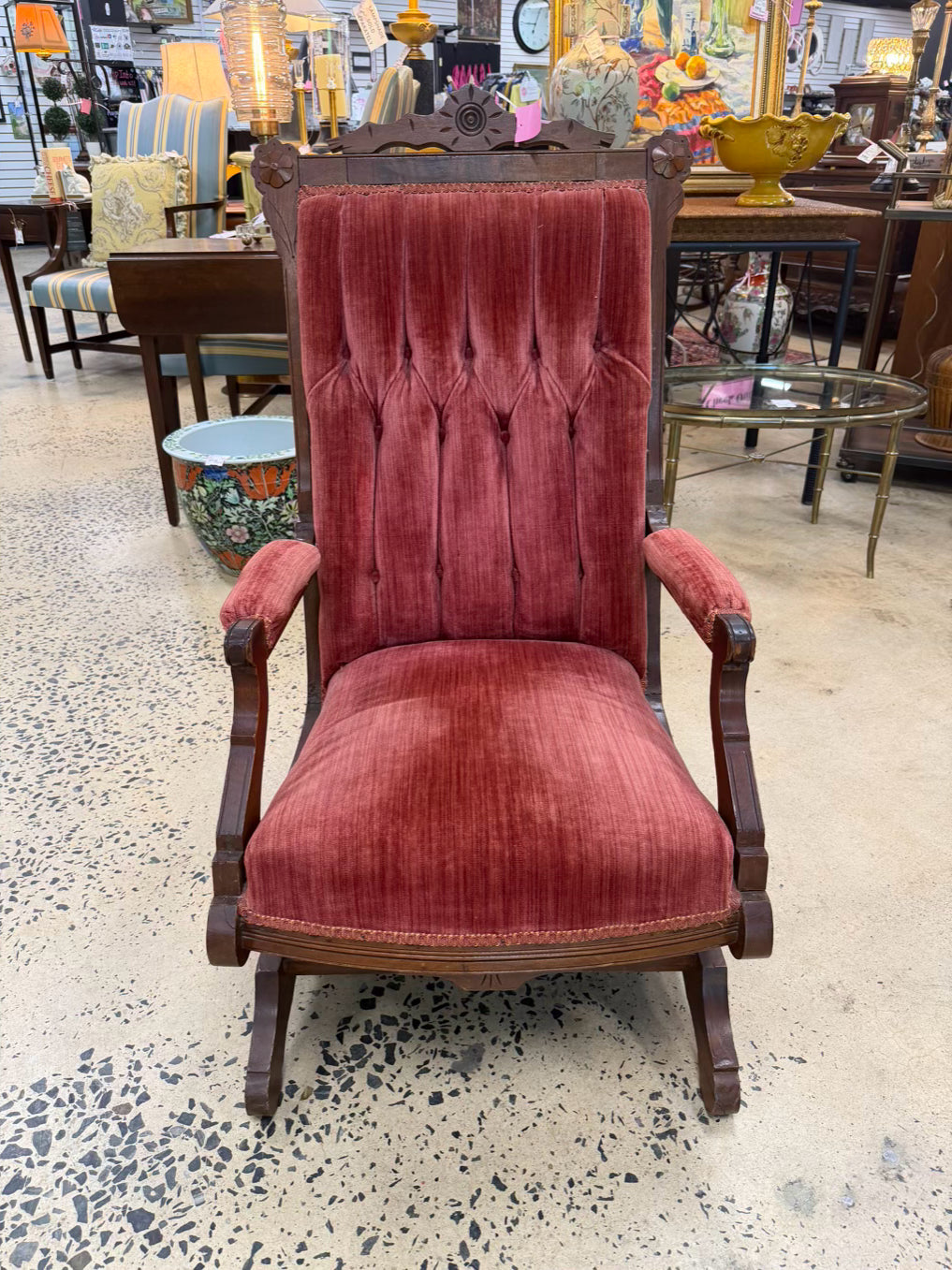 Victorian Wood Rose Velvet Rocking Chair