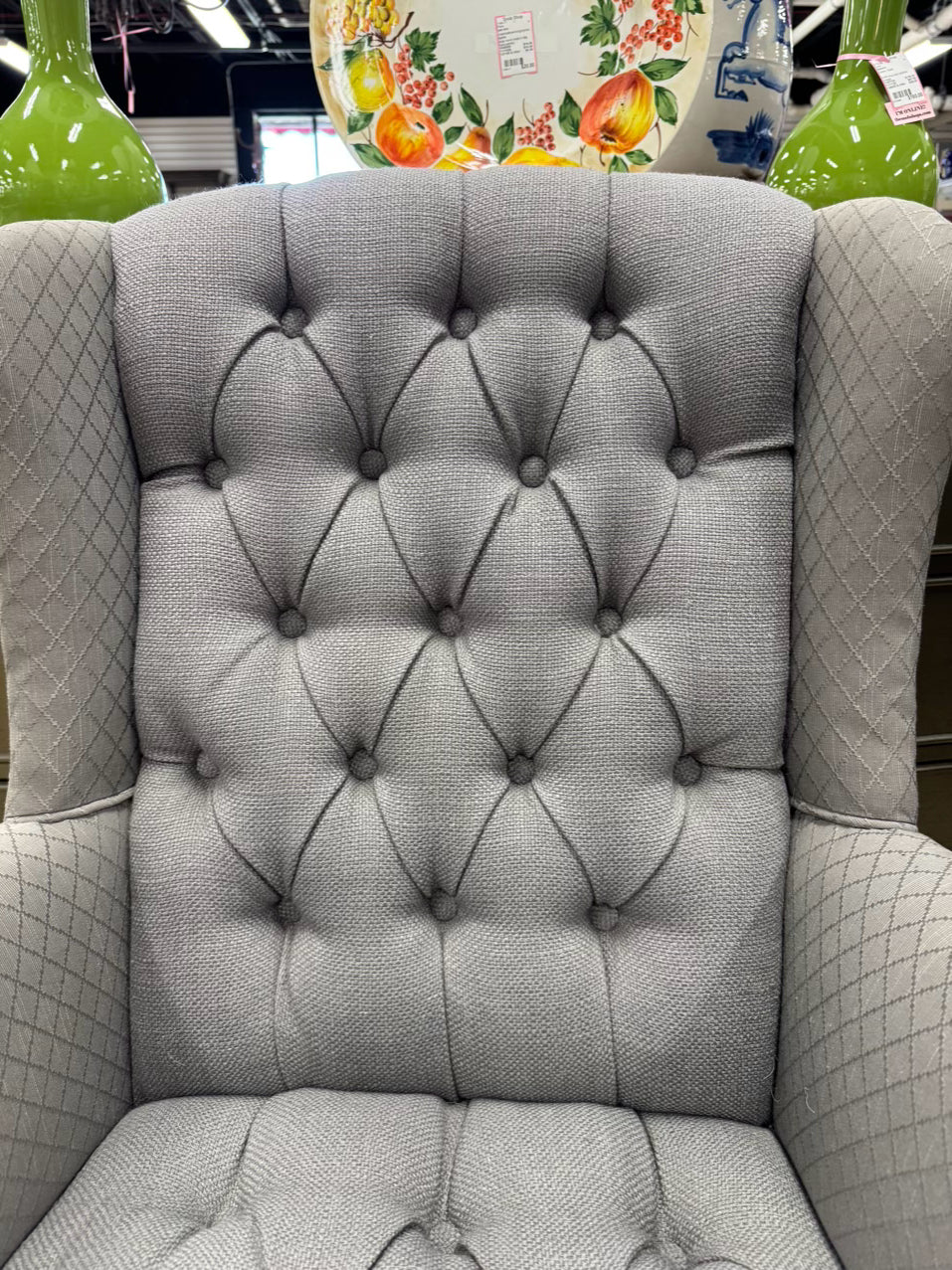 Gray Tufted Wingback Pair of Chairs