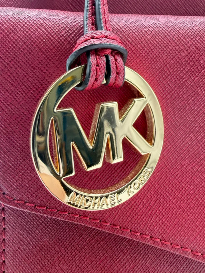 MICHAEL KORS Burgundy Jet Set Saffiano Leather Pocket Tote w/ Gold Tone Hardware