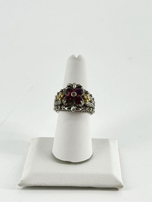 BIXBY 18K & STERLING SILVER Garnet & Diamond Floral Ring