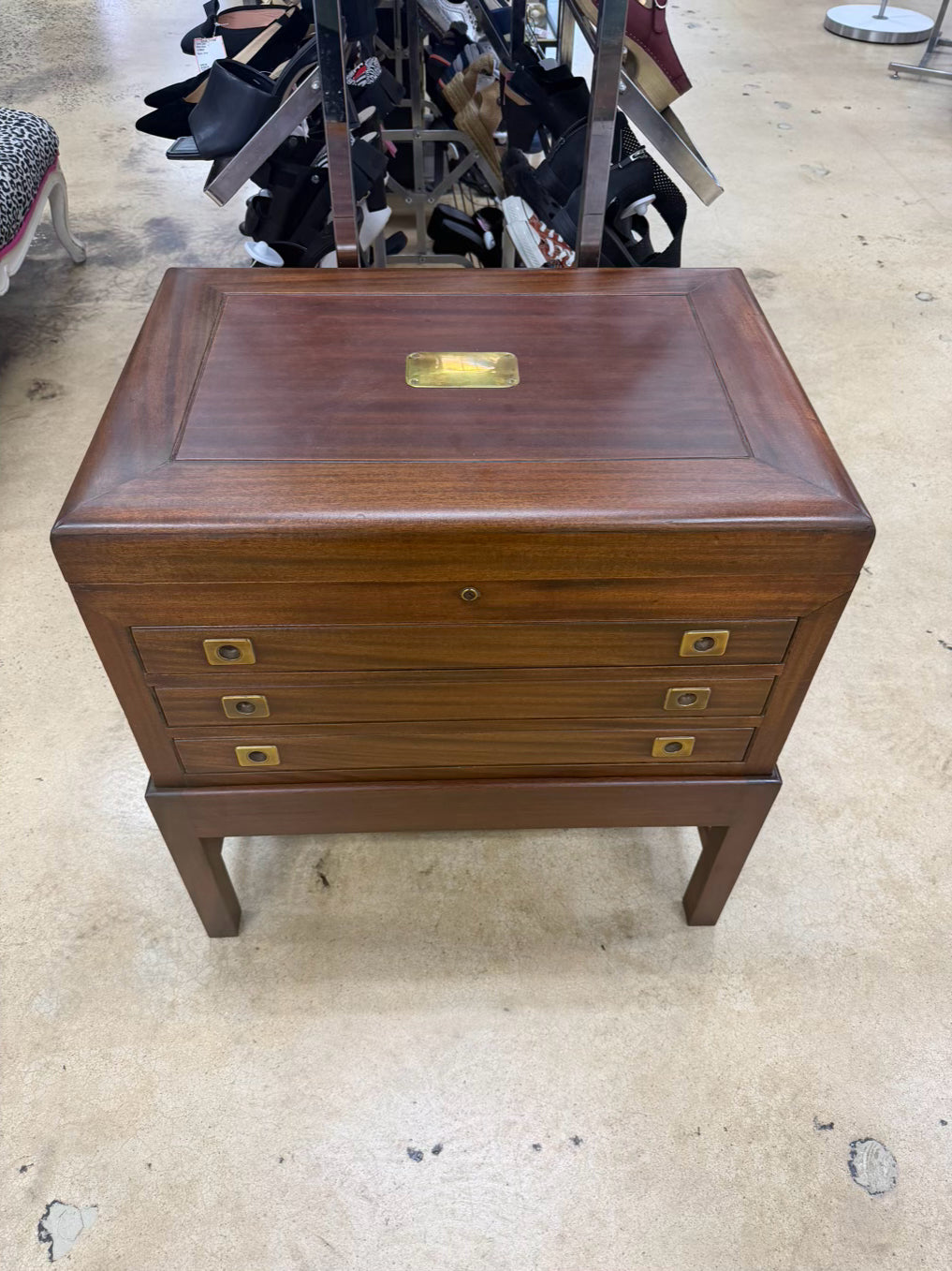 Wood Campaign Silver Chest w/ 3 Drawers