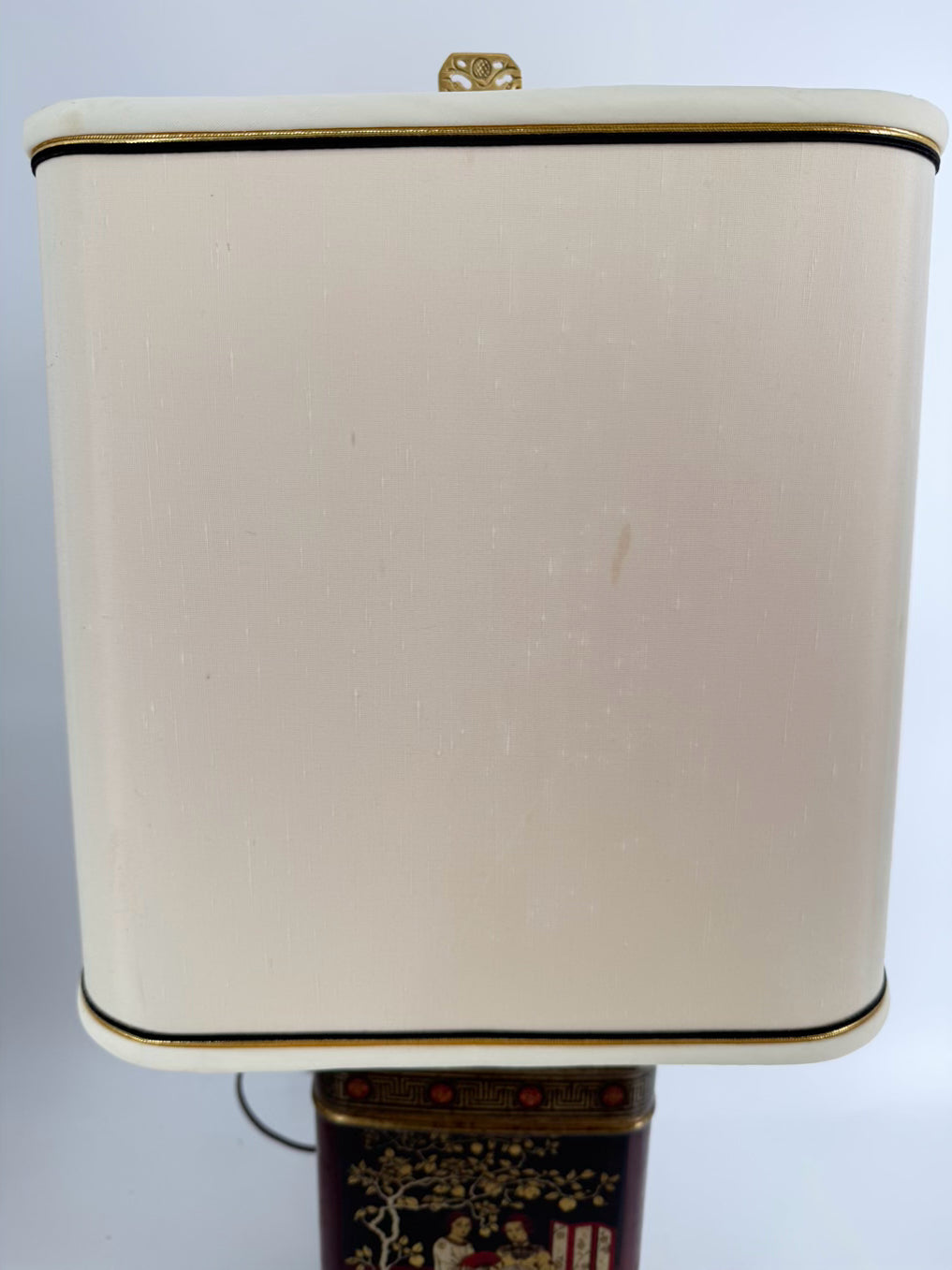 Black, Red & Gold Tin Oriental Pair of Tea Caddy Lamps w/  Square White Shades