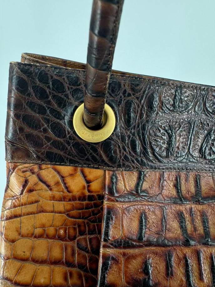 BRAHMIN Cognac Crocodile Leather Claire Bucket Bag
