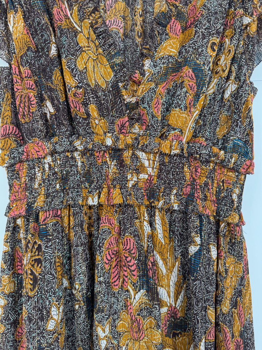 ULLA JOHNSON Size 4 Brown & Gold Floral Dress