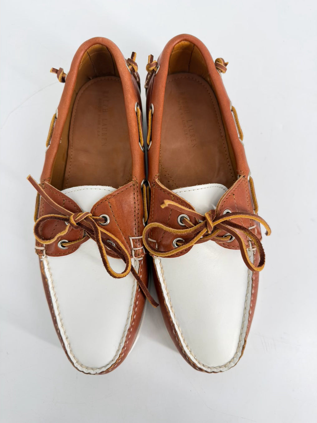 RALPH LAUREN Size 10 Cognac & White Leather Boat Shoes