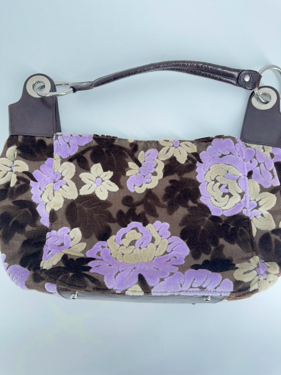 GLENDA GIES Purple & Brown Floral Velvet & Leather Purse
