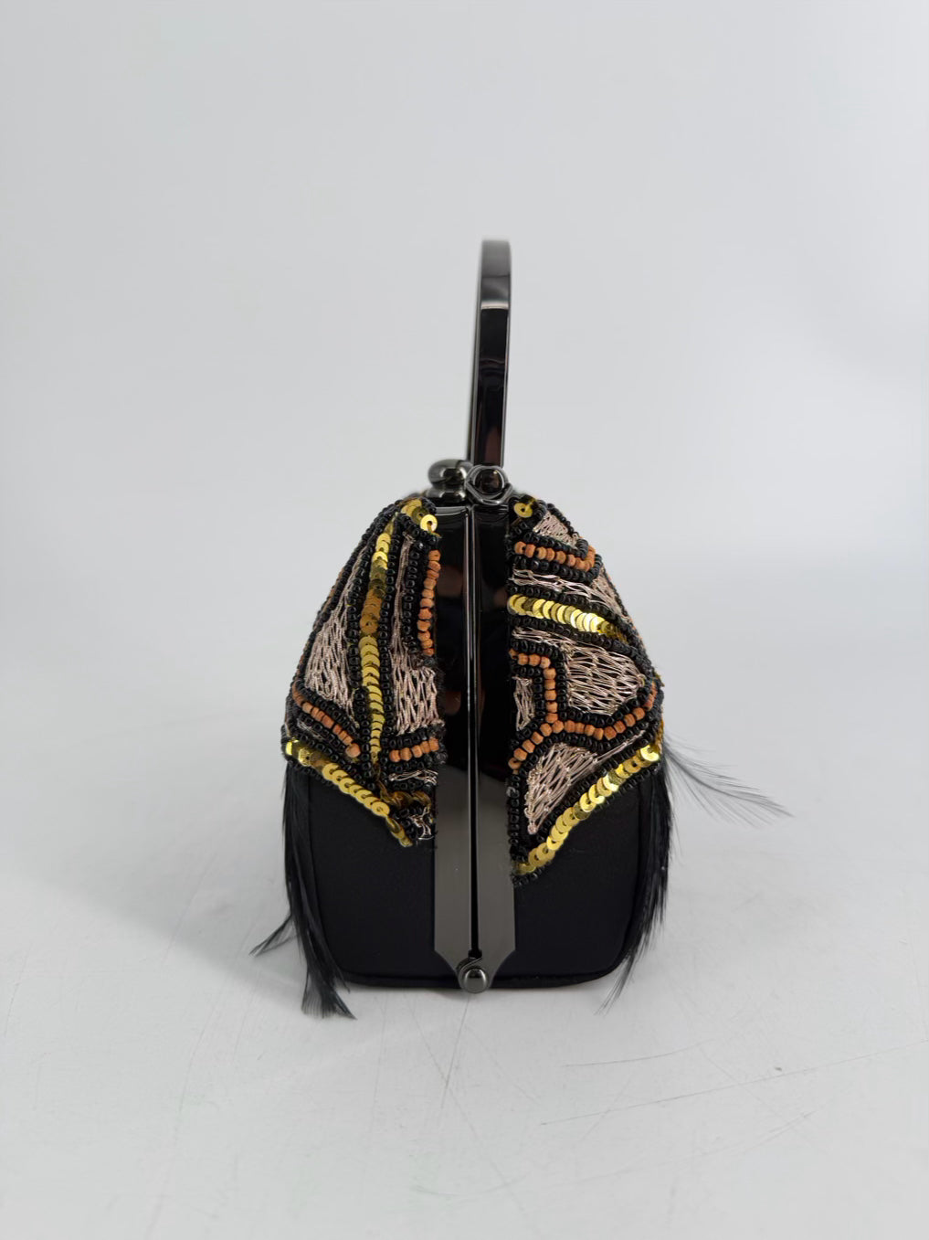 MOO ROO CHARLESTON SIGNED MARY NORTON Black Feather Beaded Art Deco Evening Bag