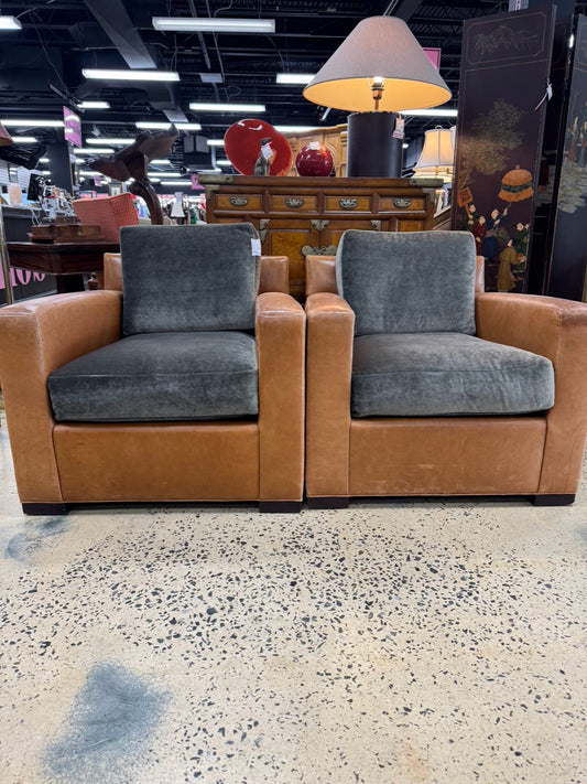 BAKER Brown & Green Coach Leather & Mohair Pair of Club Chairs