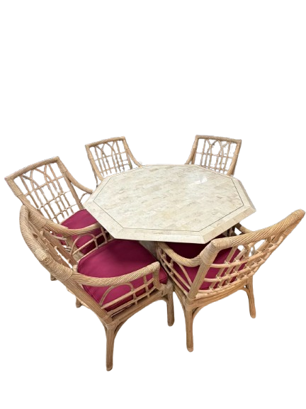 Cream Stone Octagon Dining Set Of Table & 5 Rattan Chairs