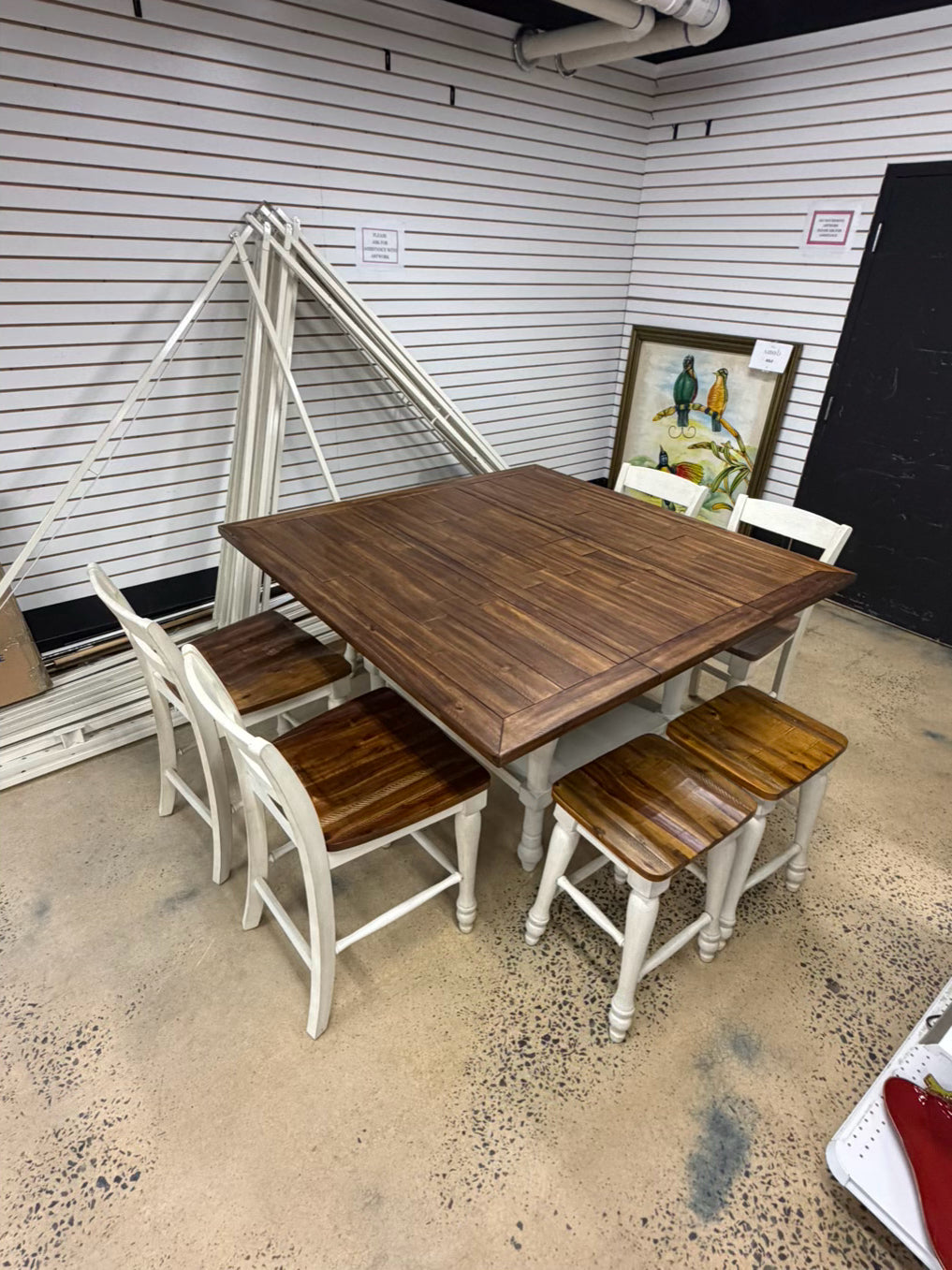 Brown & White Counter Height Wood Dinning Table w/ 4 Barstools & 4 Backed Barstools