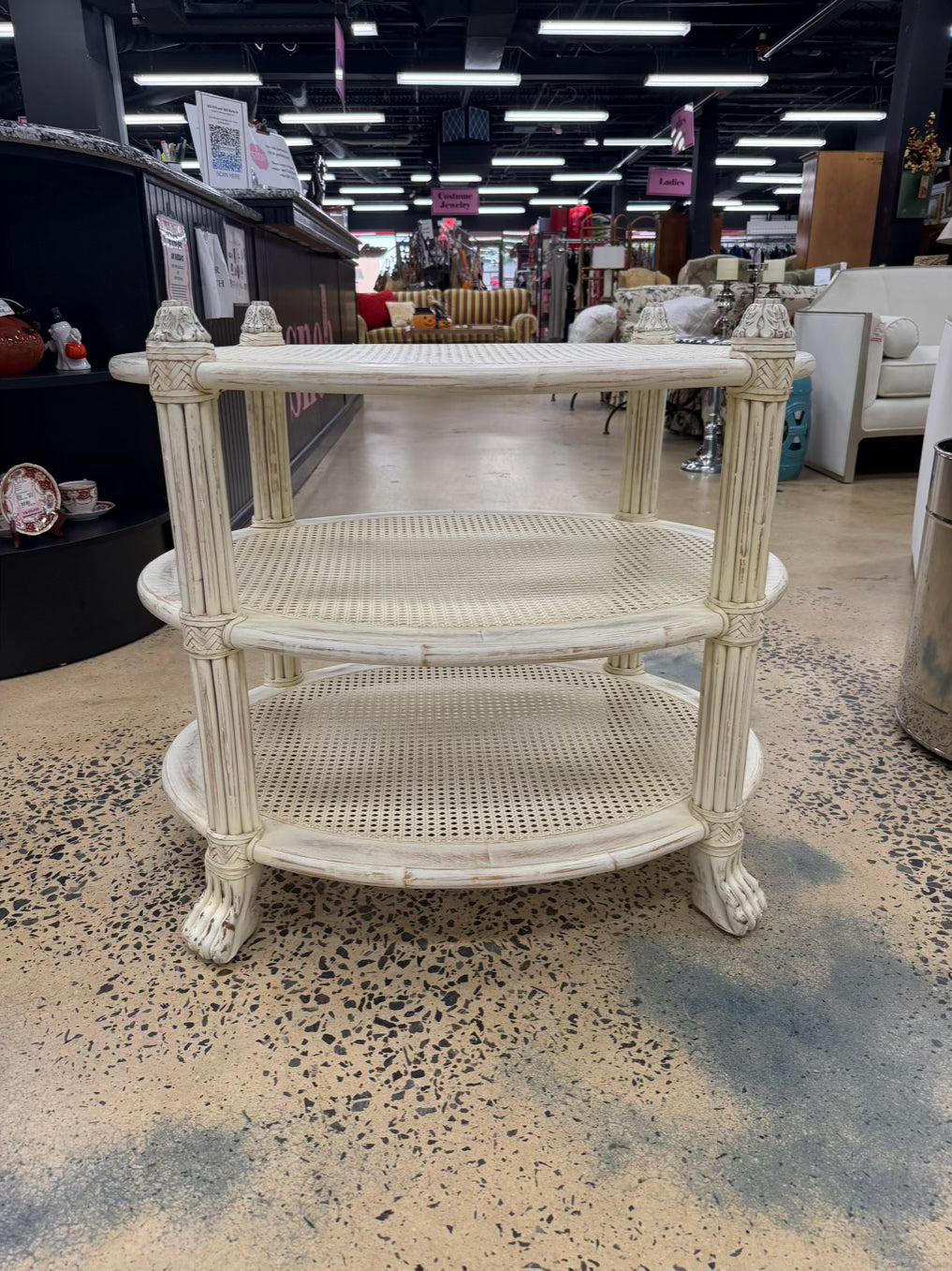 White Wood Occasional 3 Tier Table w/ Cane Shelves