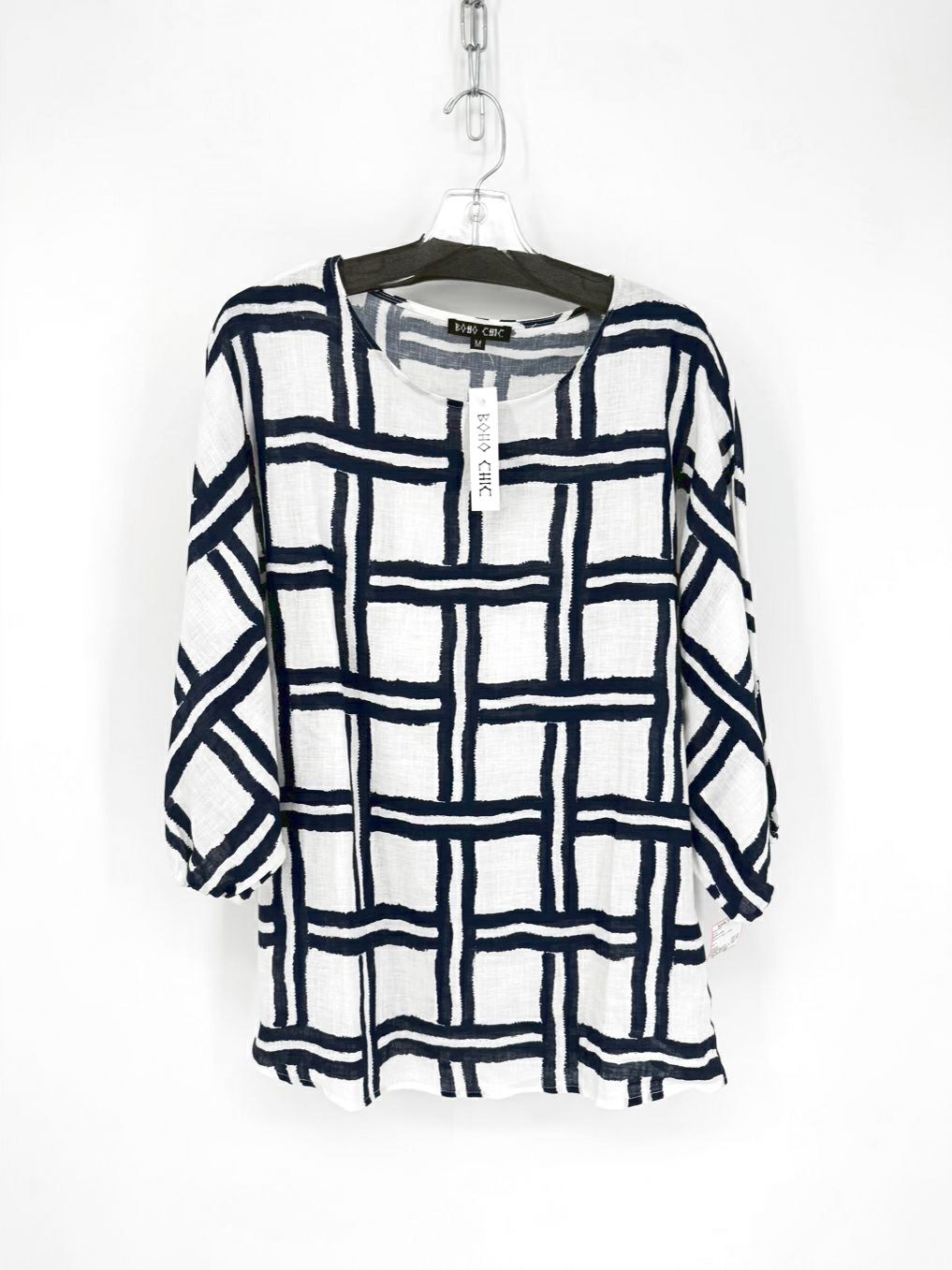 BOHO CHIC Size M White & Navy Linen Tunic NWT