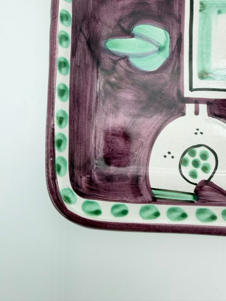 VIETRI Purple & Aqua Pottery Birds Bread Tray w/ 2 Small Oil & Vinegar Bowls