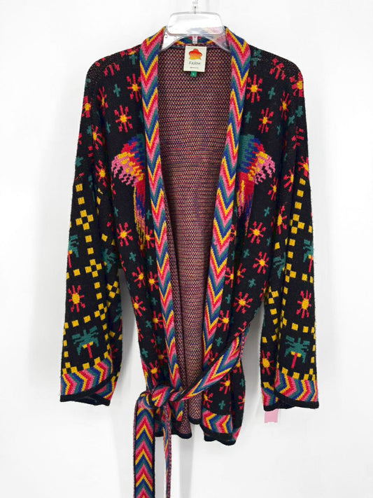 FARM RIO Size L Black & Multi-Color Knit Belted Cardigan