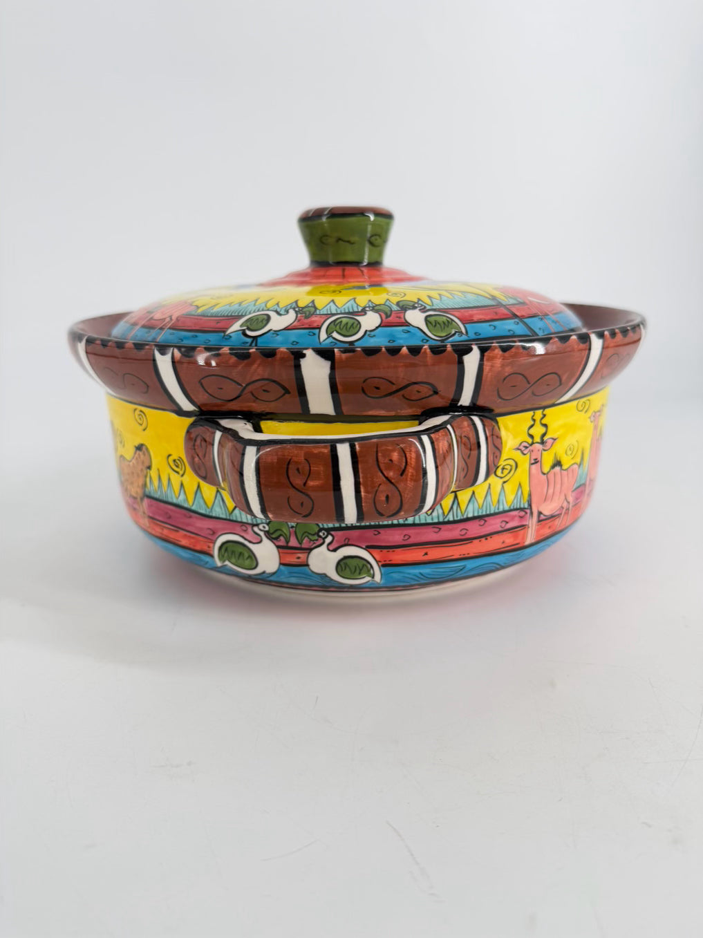 ZIMBABWE Multi Colored Hand Painted Jungle Animals Ceramic Casserole Dish