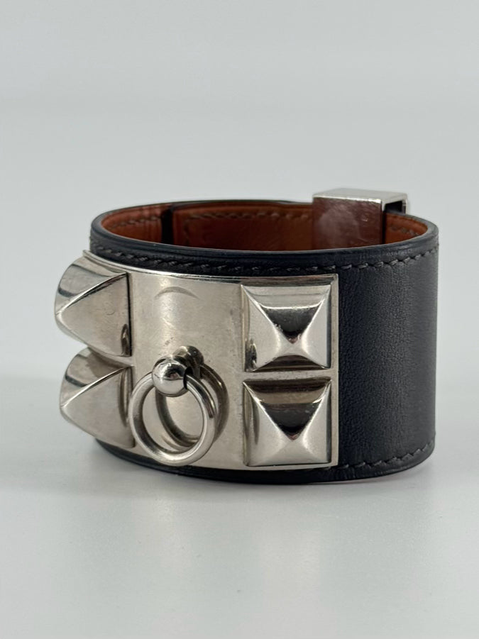 HERMES Gunmetal Leather Collier de Chien Wrap Bracelet