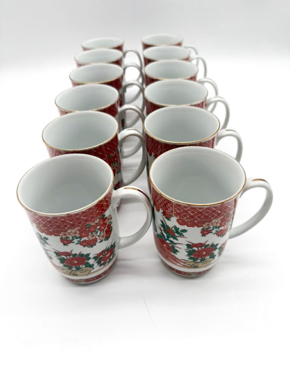 GUMPS Rust, White & Green Porcelain Set Of 12 Peacock Mugs