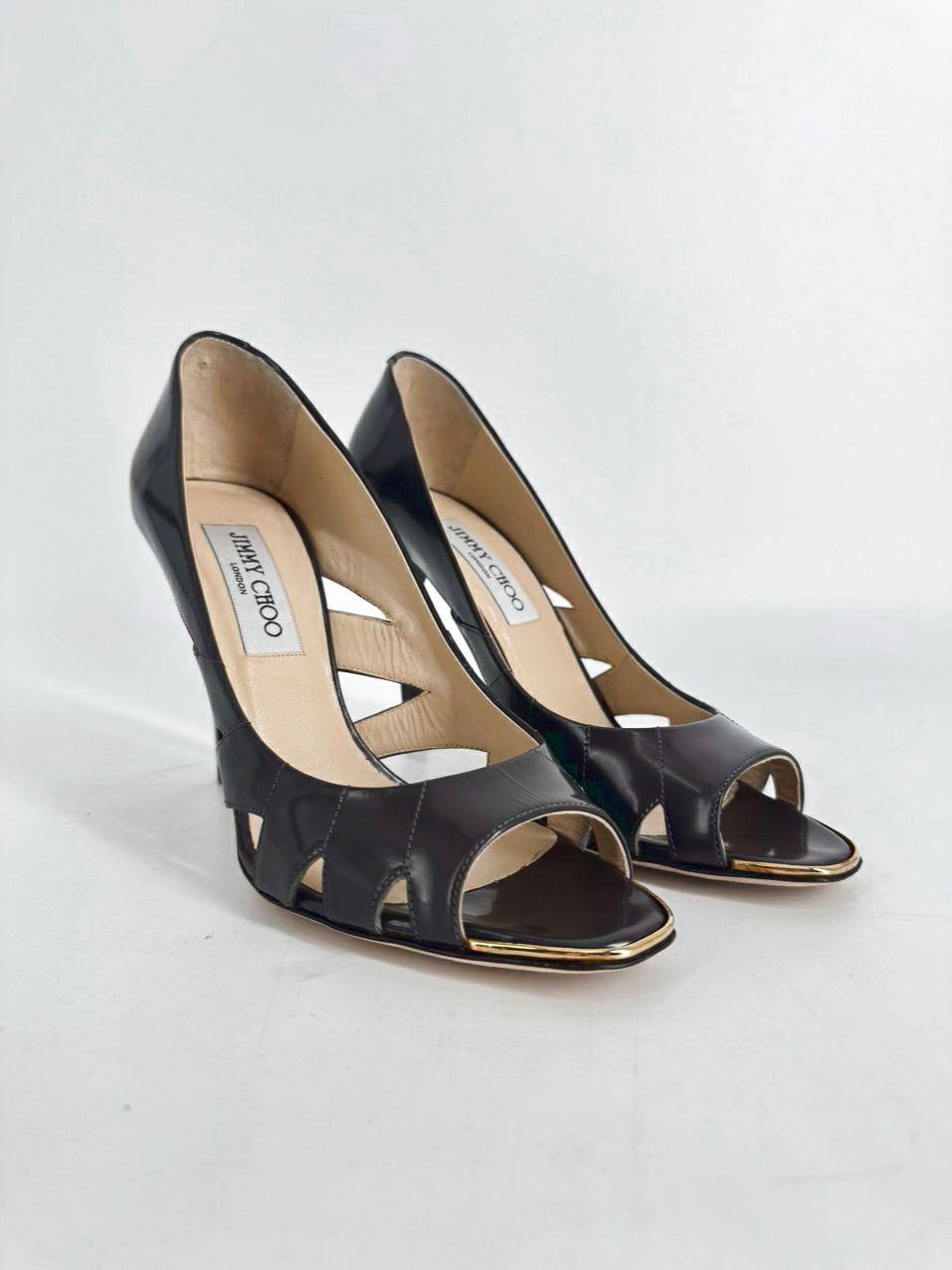 JIMMY CHOO Size 38 Taupe Leather Laser Cut Pumps