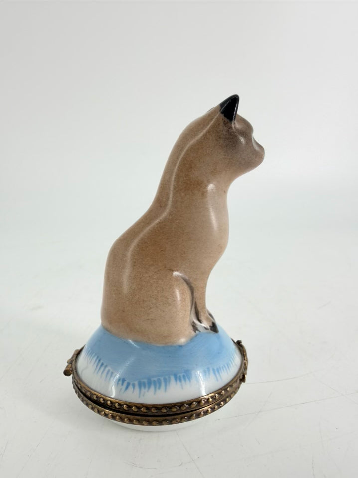 Limoges Blue & White Porcelain Siamese Cat Trinket Box