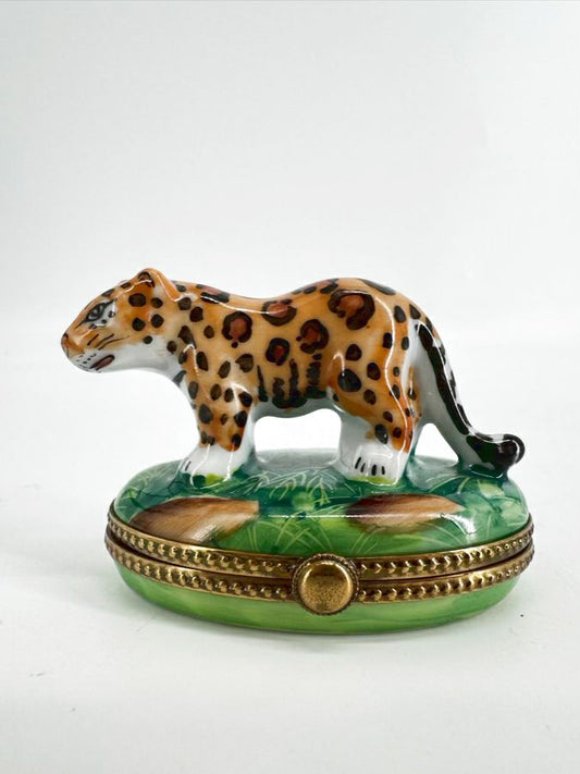 LIMOGES Green & Brown Leopard Ceramic Trinket Box