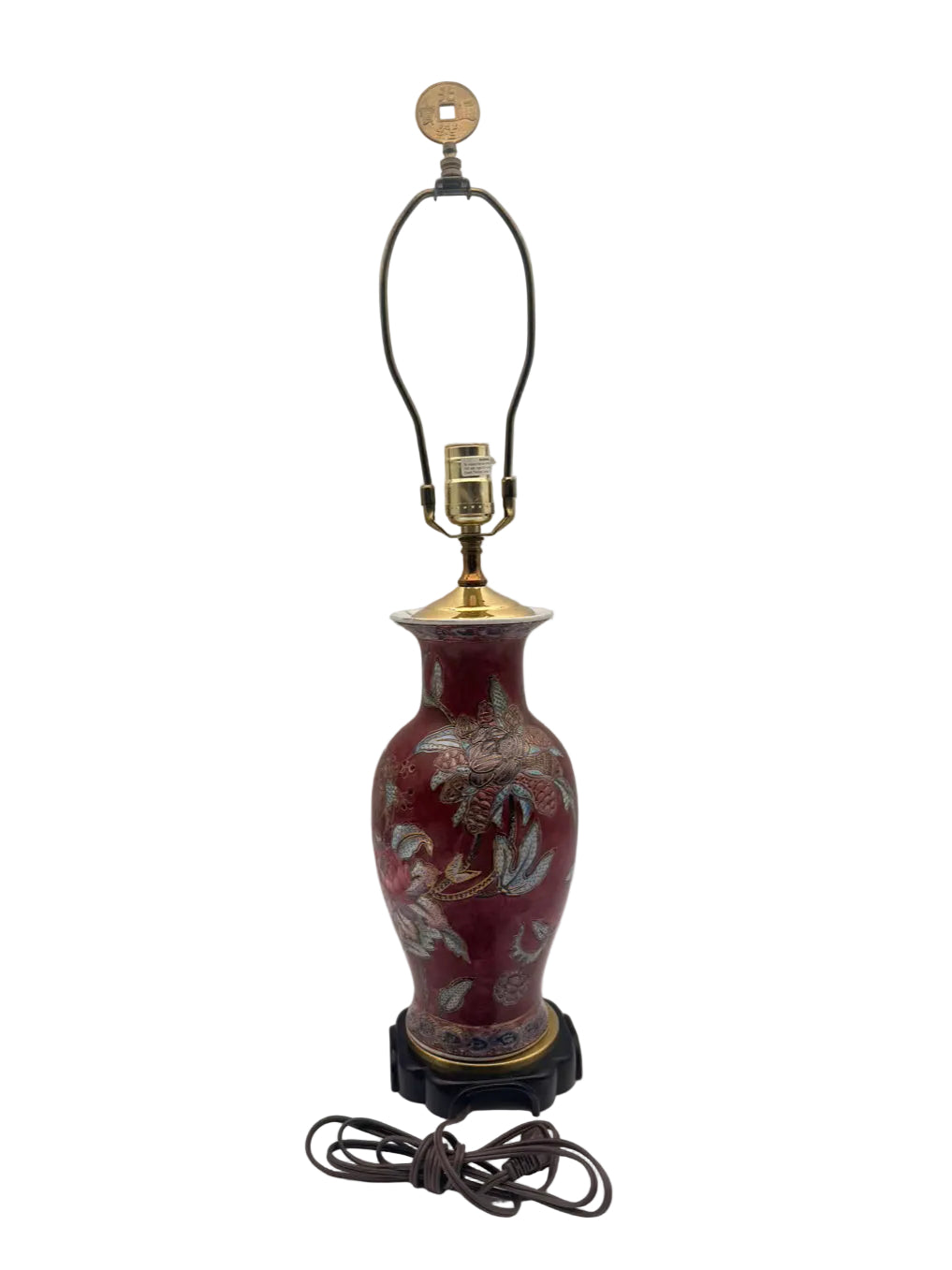 Burgundy & Blue Porcelain Jar Asian Inspired Lamp On Brown Wooden Base