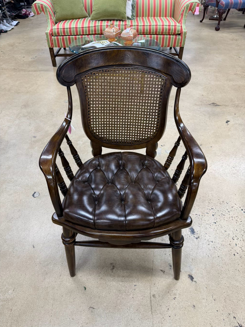 CENTURY Wood Captain Cane Back Chair w/ Brown Leather Seat