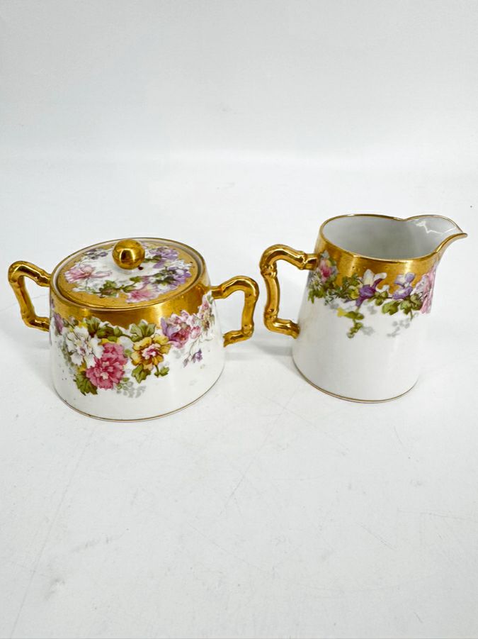 LIMOGES Pink, Purple & Gold Floral Porcelain Cream & Sugar