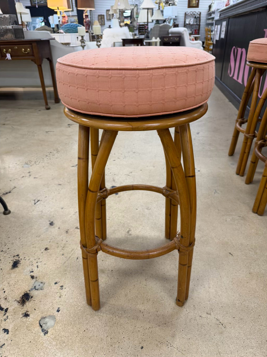 VINTAGE Natural Swivel Bamboo Set Of 3 Bar Stools w/ Fabric Seats
