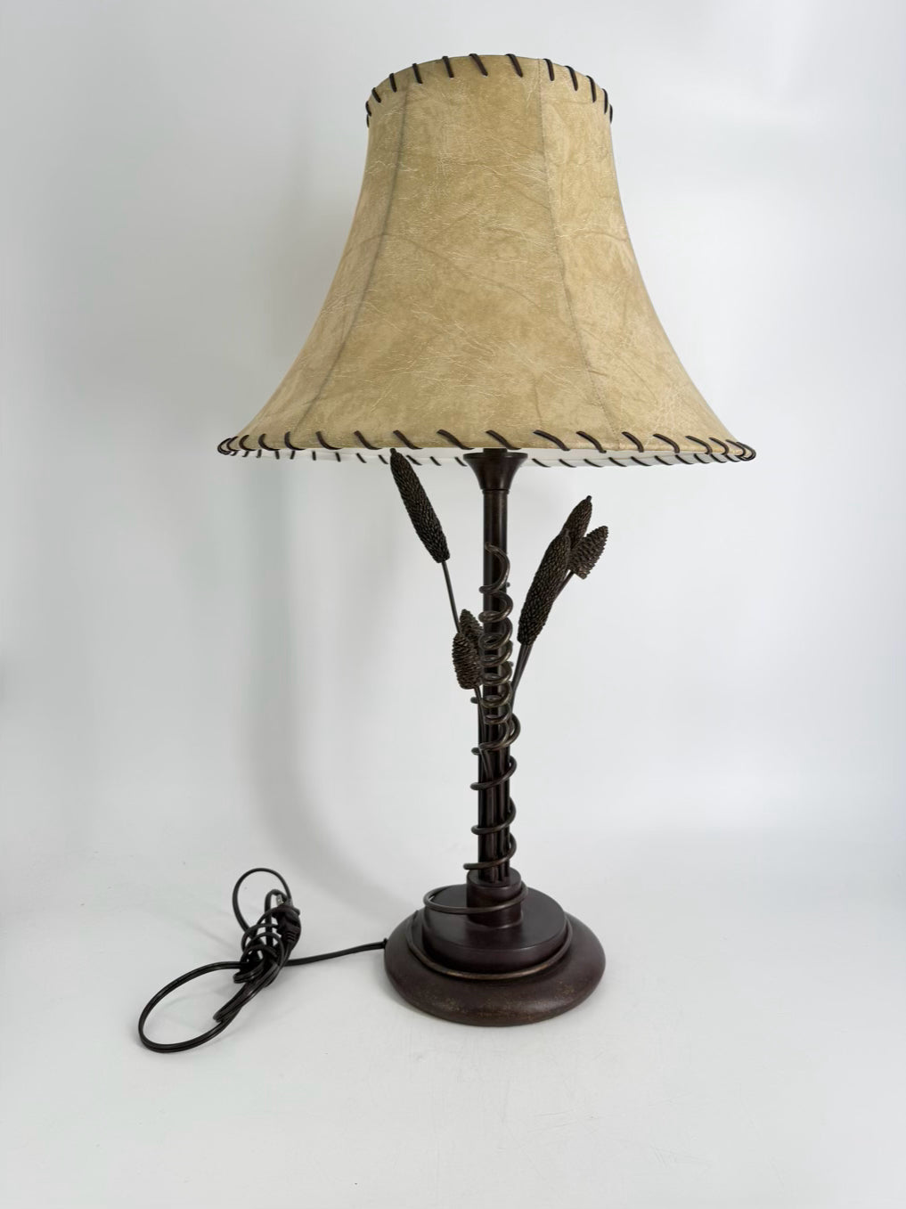 Brown Metal Cat Tail & Pine Cones Lamp w/ Shade