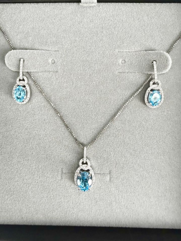 STERLING SILVER Blue Topaz & Diamond Oval Necklace & Earring Set