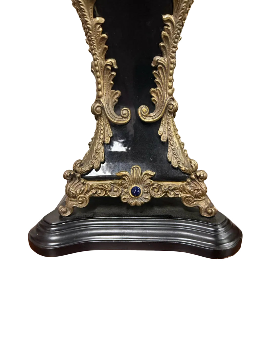 CASTILLIAN IMPORTS Black & Gilt Cast Metal Neo Classical Pair Of Rams Heads Lamps w/ Cream Silk Shades