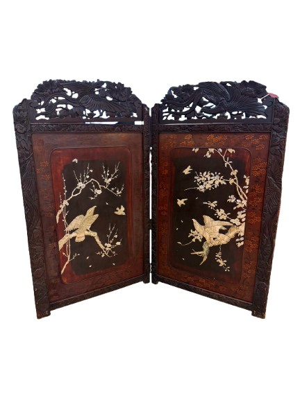 Black & Cream Oriental Carved Birds & Flowers 2 Panel Screen