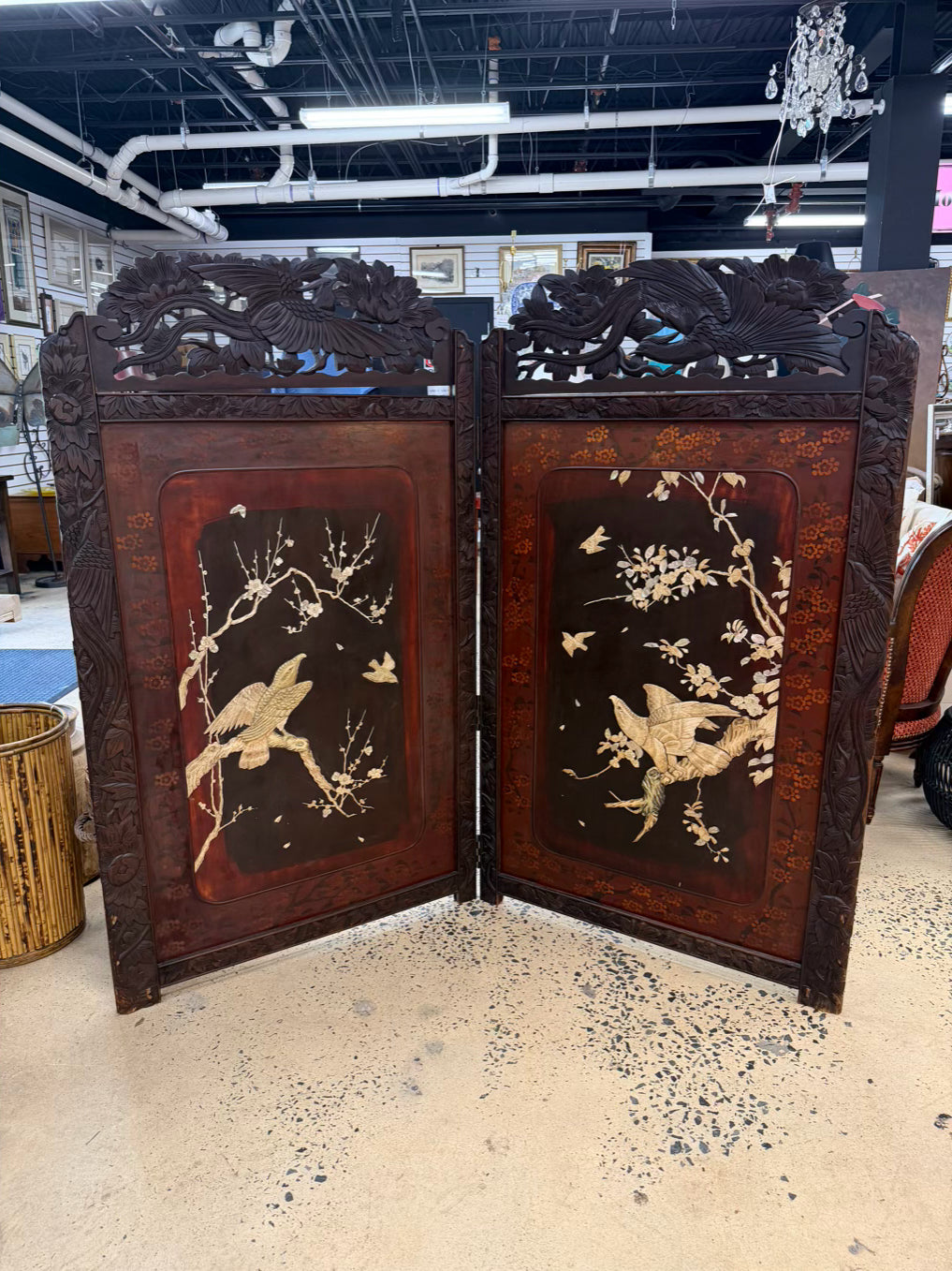 Black & Cream Oriental Carved Birds & Flowers 2 Panel Screen