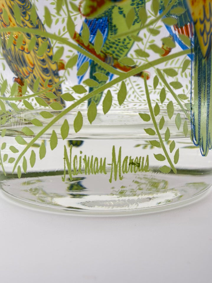 VINTAGE NEIMAN MARCUS Clear, Green & Yellow Set of 6 Tropical Parrot Glasses