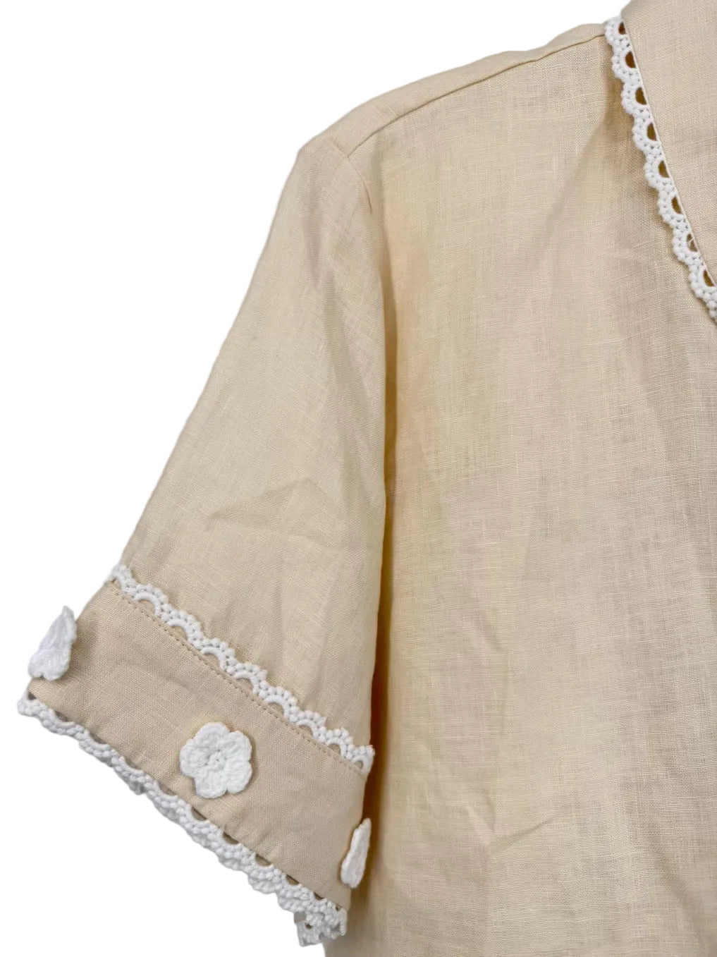 ENGLISH FACTORY Wmn's Size XS Beige & White Linen Floral Applique Shorts 2 Piece Set NWT
