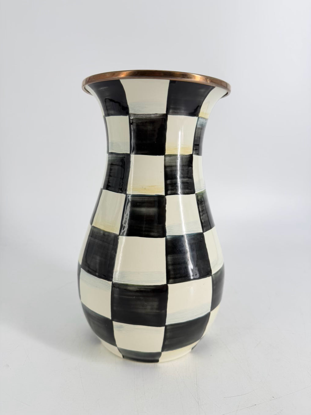 MACKENZIE CHILDS Courtly Check Black & Cream Metal Vase w/ Brass Rim
