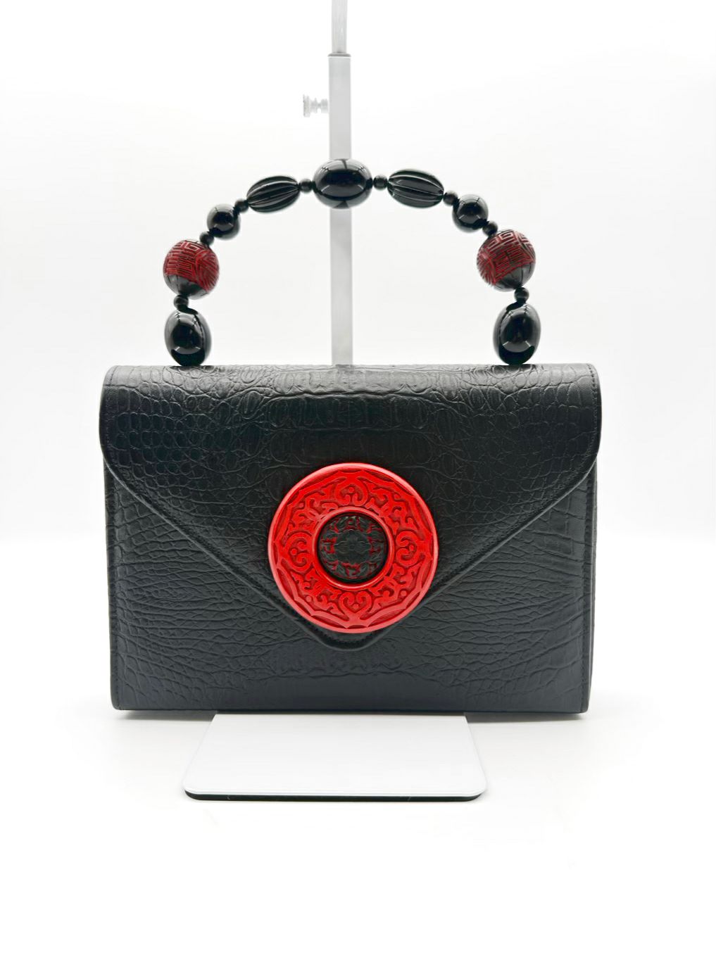 RAFAEL SANCHEZ Red & Black Embossed Evening Bag w/ Cinnabar Detail