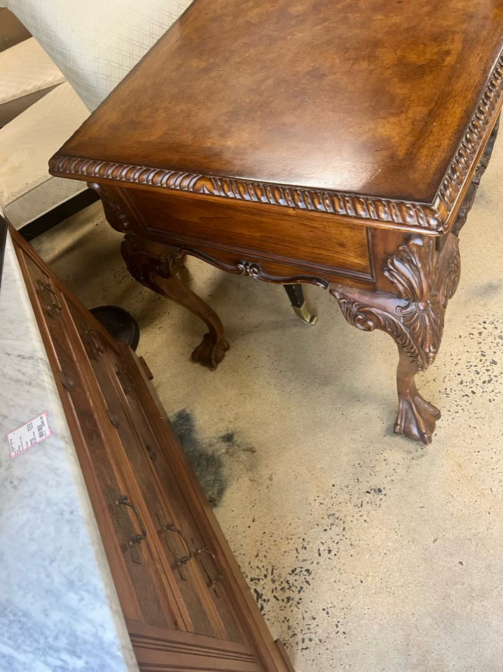 Medium Brown Carved Wood Writing Desk w/ 3 Drawers